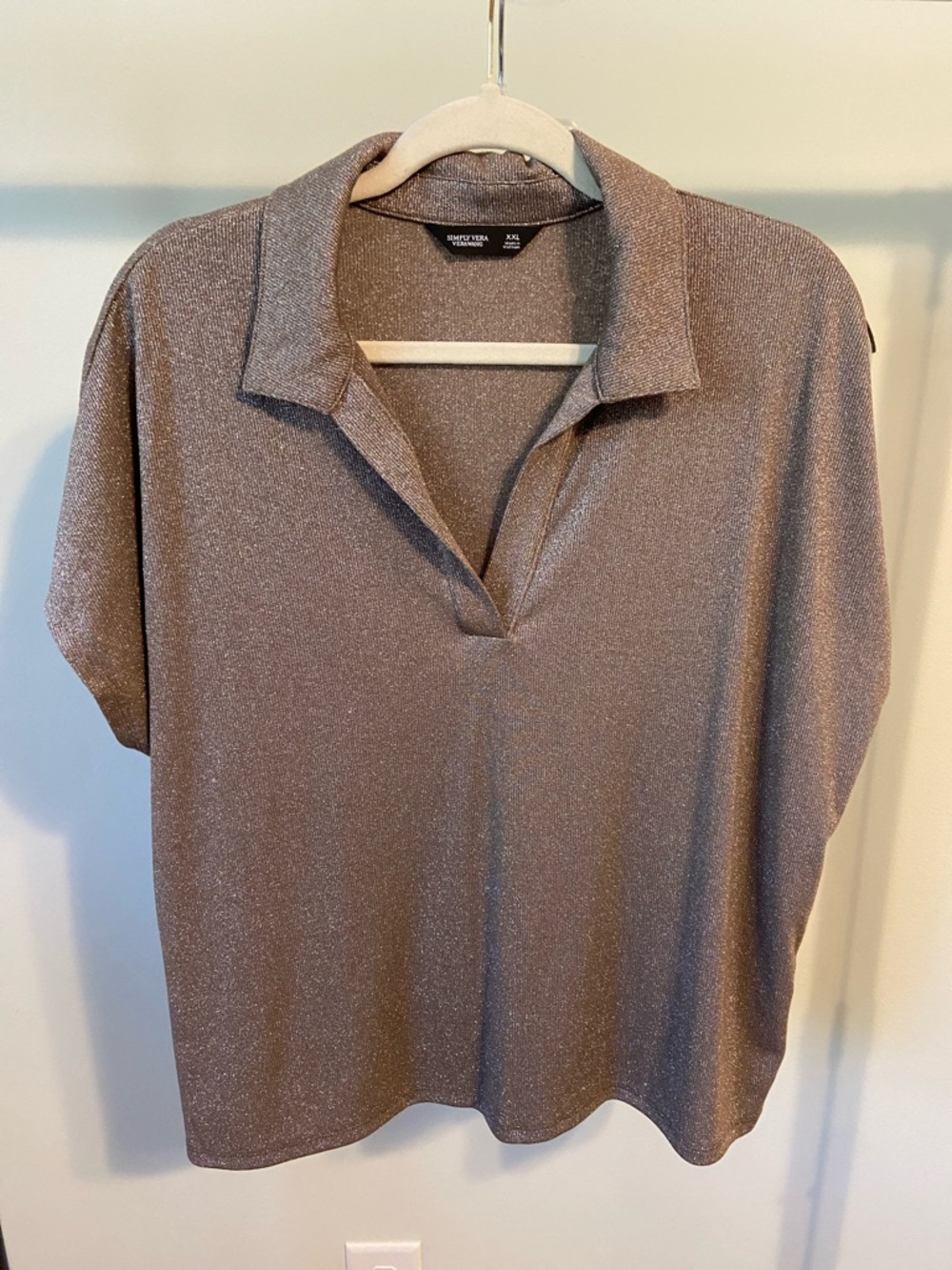 Simply Vera Vera Wang Metallic Taupe Shimmery Polo-Style Short Sleeve Top